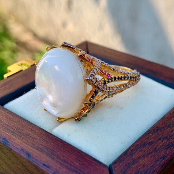 Luxury Italian Ring for Women + Handmad Sadaf Gemstone Gold Plated Ring