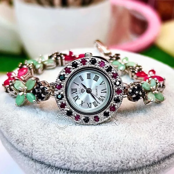Natural Gemstones Ladies Bracelet in 925 Silver Chandi - Emerald - Ruby - Garnet - Gemstones Ladies watch in silver (1)