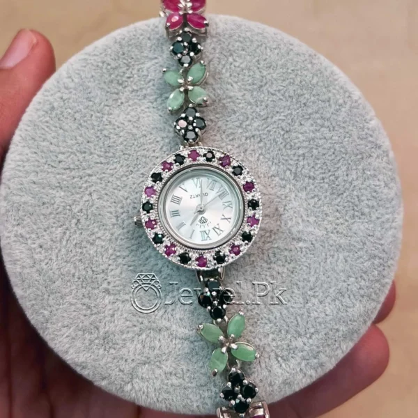 Natural Gemstones Ladies Bracelet in 925 Silver Chandi - Emerald - Ruby - Garnet - Gemstones Ladies watch in silver (1)
