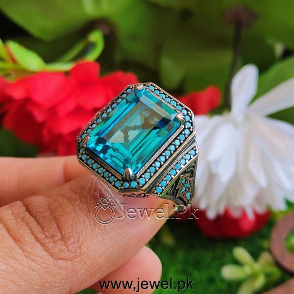 Turkish Ring - Blue Zircon Silver 925 (Chandi) - Heavy Ring