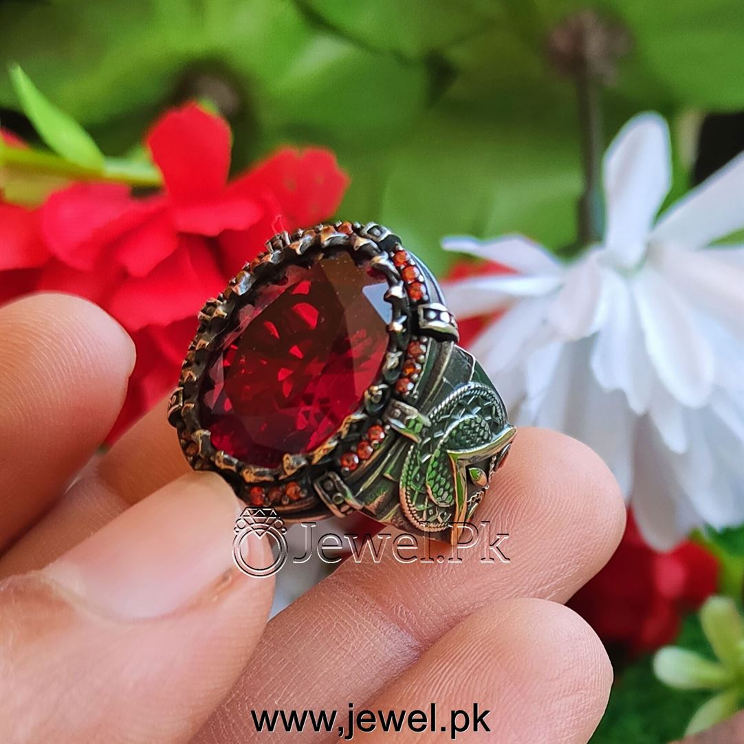 Turkish Ring - Red Zircon - Silver 925 (Chandi) Heavy Ring