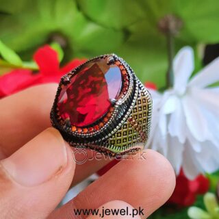 Turkish Ring - Red Zircon - Silver 925 (Chandi) Heavy Ring
