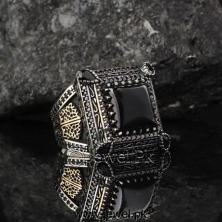 Turkish Ring - Silver 925 (Chandi) Black Aqeeq Ring - Heavy Big Ring