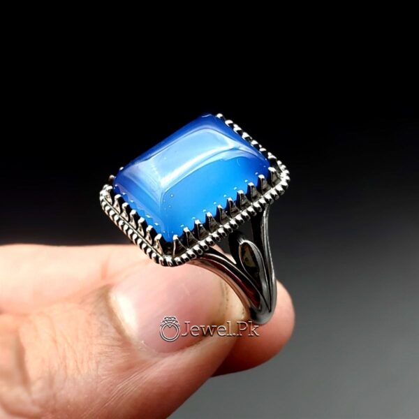 Natural Blue Agate - Blue Aqeeq Ring - 925 Silver