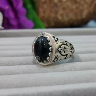 Natural Black Agate Ring - Heavy & Durable 925 Silver Black Aqeeq Ring