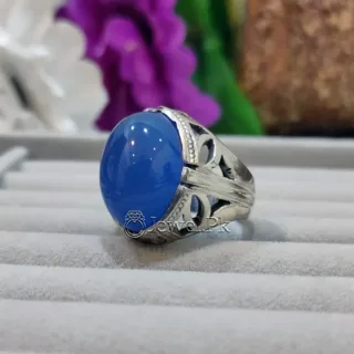 Natural Blue Agate - Blue Aqeeq Ring - 925 Silver