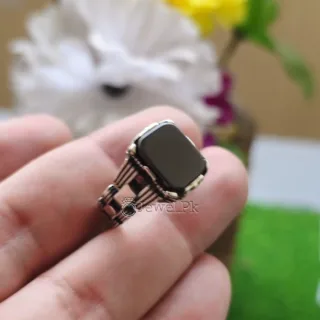 Black Agate Silver 925 Black Aqeeq Turkish Ring - TR1013