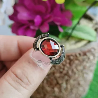 Turkish Ring - Red Zircon - Silver 925 (Chandi) Heavy Ring