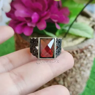 Turkish Ring - Red Zircon - Silver 925 (Chandi) Heavy Ring