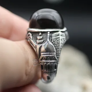 Natural Black Agate Ring - Islamic Ring - Durable Silver Black Aqeeq Ring