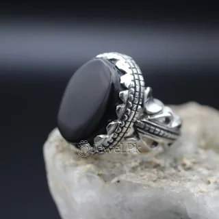 Natural Black Agate Ring - Heavy & Durable 925 Silver Black Aqeeq Ring