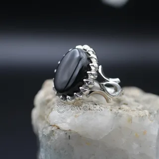 Natural Black Aqeeq Chandi Ring - 925 Silver Black Agate Ring