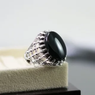 Natural Black Aqeeq Ring - 925 Silver Black Agate Ring