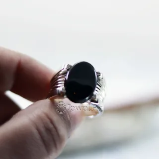 Natural Black Agate Ring Black Aqeeq Ring Pure Silver Black Onyx Stone 6
