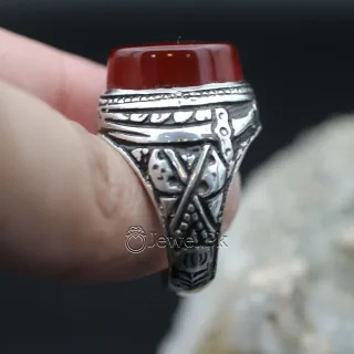 Natural Red Aqeeq Ring 925 Silver Agate Durable Ring