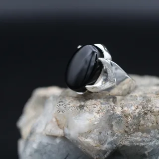 Natural Black Aqeeq Ring - 925 Silver Black Agate Ring